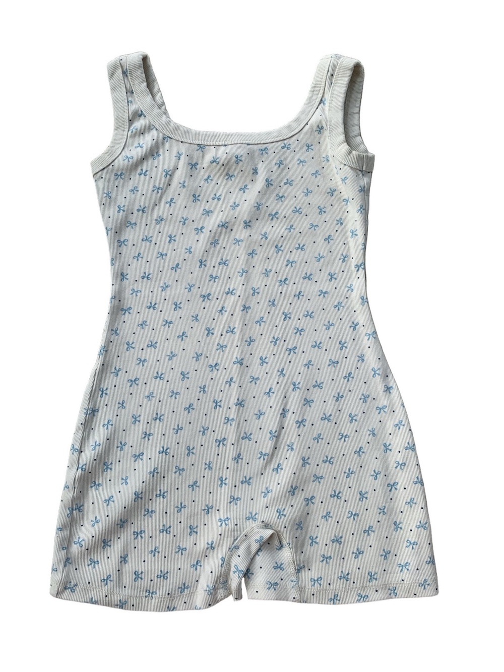 Messy Bun Just Chilling Women’s Size Small Cream Tiny Blue Bow Loungewear Romper